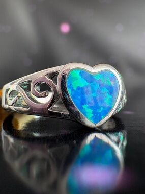 Pacific Blue Opal Heart Ring, Filigree Sterling Silver, Lab made stone